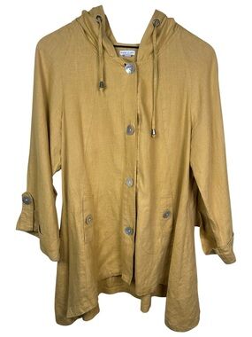 SIGRID OLSEN Linen Hooded Swing Jacket Mustard Yellow Sz Med Coastal Lagenlook